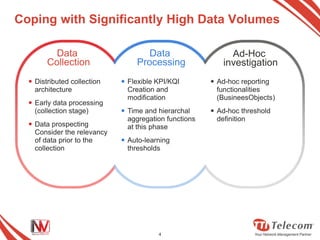 Coping with Significantly High Data Volumes

          Data                      Data                    Ad-Hoc
        Collection               Processing               investigation
   Distributed collection    Flexible KPI/KQI         Ad-hoc reporting
    architecture               Creation and              functionalities
                               modification              (BusineesObjects)
   Early data processing
    (collection stage)        Time and hierarchal      Ad-hoc threshold
                               aggregation functions     definition
   Data prospecting           at this phase
    Consider the relevancy
    of data prior to the      Auto-learning
    collection                 thresholds




                                        4
 