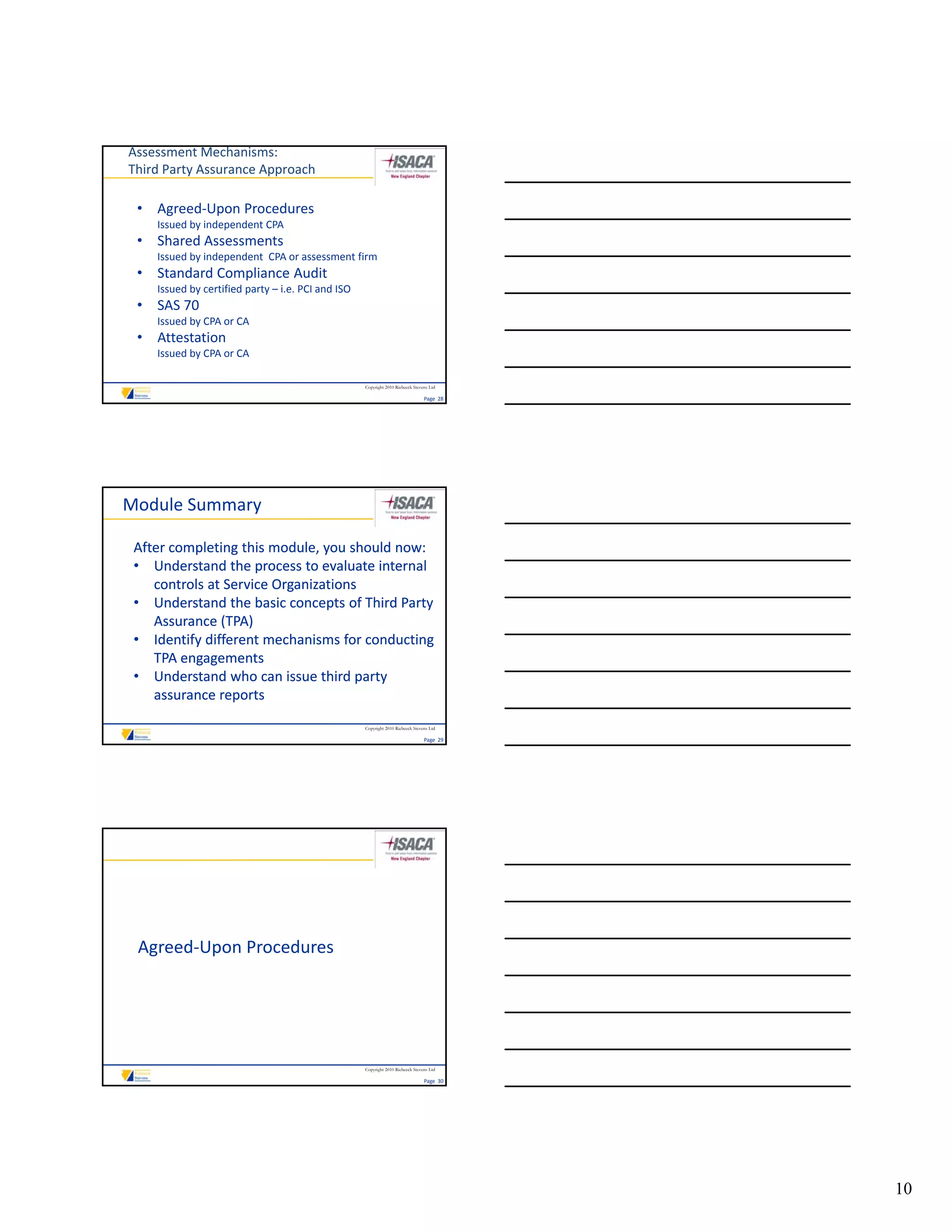Assessment Mechanisms:
Third Party Assurance Approach

 • Agreed‐Upon Procedures
    Issued by independent CPA
 • Shared Assessments
    Issued by independent  CPA or assessment firm
 • Standard Compliance Audit
   Standard Compliance Audit
    Issued by certified party – i.e. PCI and ISO
 • SAS 70
    Issued by CPA or CA
 • Attestation
    Issued by CPA or CA

                                                   Copyright 2010 Riebeeck Stevens Ltd

                                                                                Page  28




Module Summary

 After completing this module, you should now:
 • Understand the process to evaluate internal 
    controls at Service Organizations
 • Understand the basic concepts of Third Party 
    Assurance (TPA)
               (    )
 • Identify different mechanisms for conducting 
    TPA engagements
 • Understand who can issue third party 
    assurance reports
                                                   Copyright 2010 Riebeeck Stevens Ltd

                                                                                Page  29




 Agreed‐Upon Procedures




                                                   Copyright 2010 Riebeeck Stevens Ltd

                                                                                Page  30




                                                                                           10
 