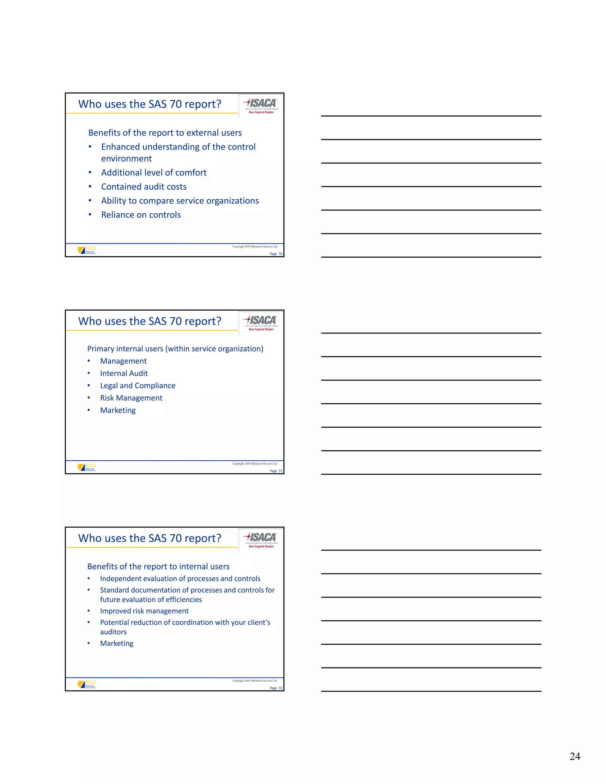 Who uses the SAS 70 report?

 Benefits of the report to external users
 • Enhanced understanding of the control 
    environment
 • Additional level of comfort
    Additional level of comfort
 • Contained audit costs
 • Ability to compare service organizations
 • Reliance on controls


                                              Copyright 2010 Riebeeck Stevens Ltd

                                                                           Page  70




Who uses the SAS 70 report?

 Primary internal users (within service organization)
 • Management
 • Internal Audit
 • Legal and Compliance
 • Risk Management
 • Marketing




                                              Copyright 2010 Riebeeck Stevens Ltd

                                                                           Page  71




Who uses the SAS 70 report?

 Benefits of the report to internal users
 •   Independent evaluation of processes and controls
 •   Standard documentation of processes and controls for 
     future evaluation of efficiencies
 •   Improved risk management
     I       d ik                t
 •   Potential reduction of coordination with your client’s 
     auditors 
 •   Marketing



                                              Copyright 2010 Riebeeck Stevens Ltd

                                                                           Page  72




                                                                                      24
 