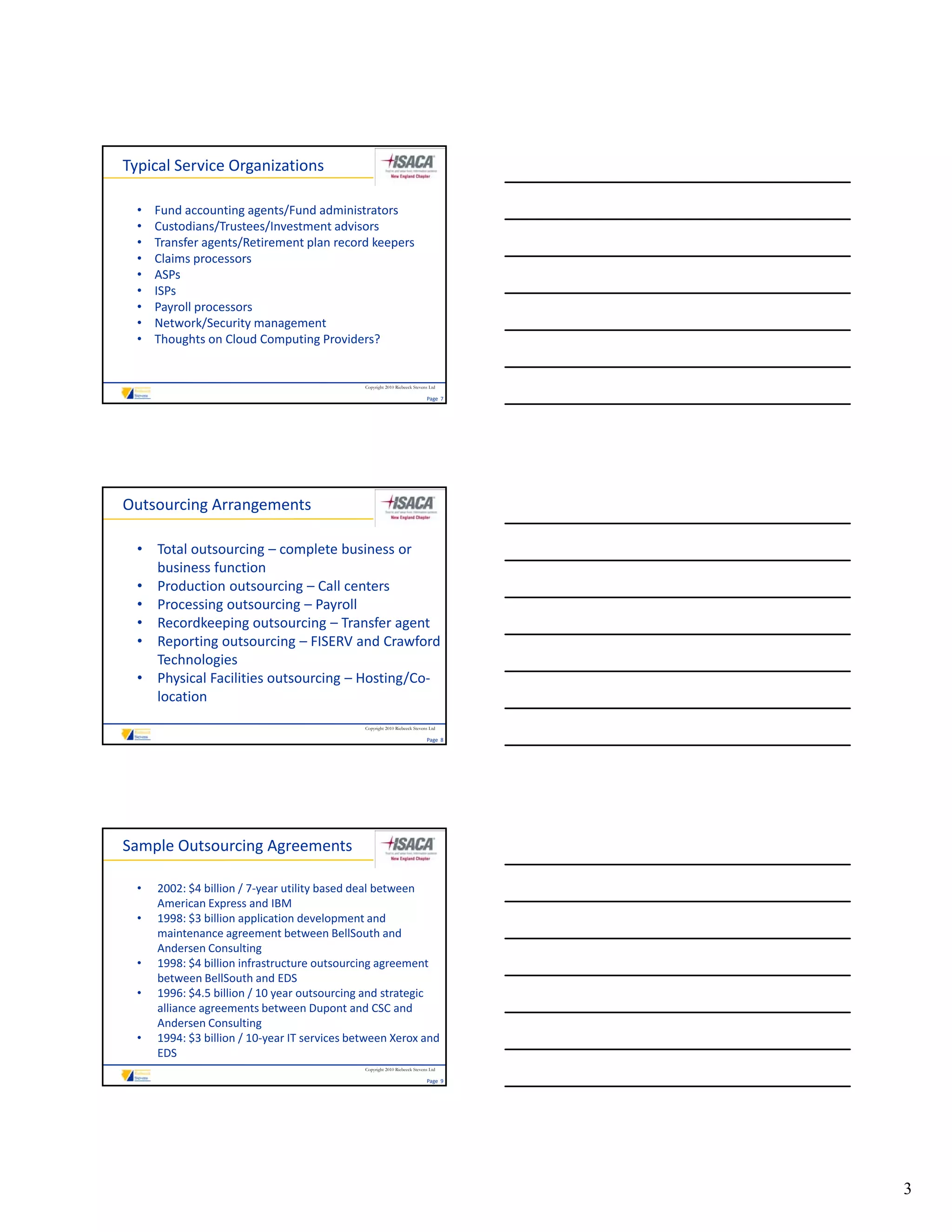 Typical Service Organizations

  •   Fund accounting agents/Fund administrators
  •   Custodians/Trustees/Investment advisors
  •   Transfer agents/Retirement plan record keepers
  •   Claims processors
  •   ASPs
  •   ISPs
  •   Payroll processors
  •   Network/Security management
  •   Thoughts on Cloud Computing Providers?


                                               Copyright 2010 Riebeeck Stevens Ltd

                                                                             Page  7




Outsourcing Arrangements

  • Total outsourcing – complete business or 
    business function
  • Production outsourcing – Call centers
  • Processing outsourcing – Payroll
  • Recordkeeping outsourcing – Transfer agent
  • Reporting outsourcing – FISERV and Crawford 
    Technologies
  • Physical Facilities outsourcing – Hosting/Co‐
    location
                                               Copyright 2010 Riebeeck Stevens Ltd

                                                                             Page  8




Sample Outsourcing Agreements

  •   2002: $4 billion / 7‐year utility based deal between 
      American Express and IBM 
  •   1998: $3 billion application development and 
      maintenance agreement between BellSouth and 
      Andersen Consulting 
  •   1998: $4 billion infrastructure outsourcing agreement 
      between BellSouth and EDS
  •   1996: $4.5 billion / 10 year outsourcing and strategic 
      alliance agreements between Dupont and CSC and 
      Andersen Consulting 
  •   1994: $3 billion / 10‐year IT services between Xerox and 
      EDS 
                                               Copyright 2010 Riebeeck Stevens Ltd

                                                                             Page  9




                                                                                       3
 