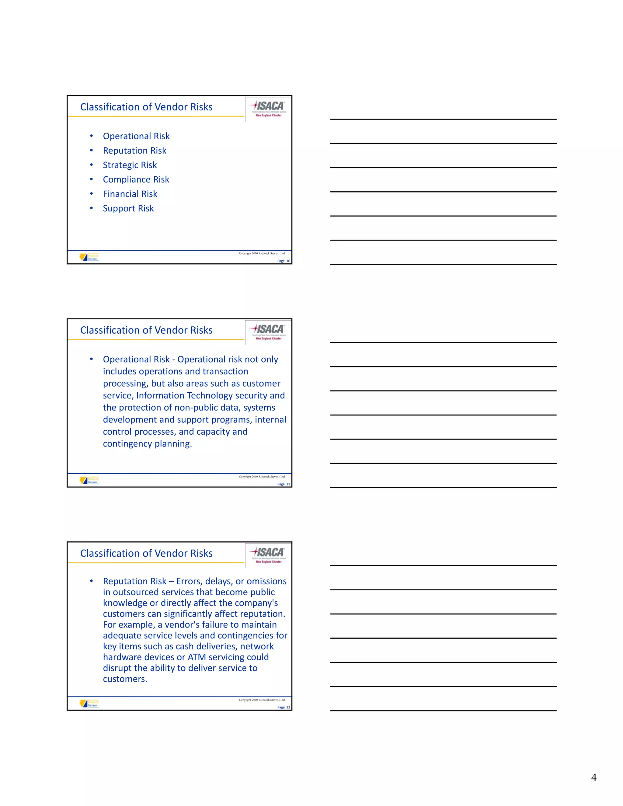 Classification of Vendor Risks

  •   Operational Risk
  •   Reputation Risk
  •   Strategic Risk
  •   Compliance Risk
      Compliance Risk
  •   Financial Risk
  •   Support Risk



                                      Copyright 2010 Riebeeck Stevens Ltd

                                                                   Page  10




Classification of Vendor Risks

  • Operational Risk ‐ Operational risk not only 
    includes operations and transaction 
    processing, but also areas such as customer 
    service, Information Technology security and 
    the protection of non‐public data, systems 
    development and support programs, internal 
    control processes, and capacity and 
    contingency planning.


                                      Copyright 2010 Riebeeck Stevens Ltd

                                                                   Page  11




Classification of Vendor Risks

  • Reputation Risk – Errors, delays, or omissions 
    in outsourced services that become public 
    knowledge or directly affect the company's 
    customers can significantly affect reputation. 
    For example, a vendor s failure to maintain 
    For example a vendor's failure to maintain
    adequate service levels and contingencies for 
    key items such as cash deliveries, network 
    hardware devices or ATM servicing could 
    disrupt the ability to deliver service to 
    customers.
                                      Copyright 2010 Riebeeck Stevens Ltd

                                                                   Page  12




                                                                              4
 