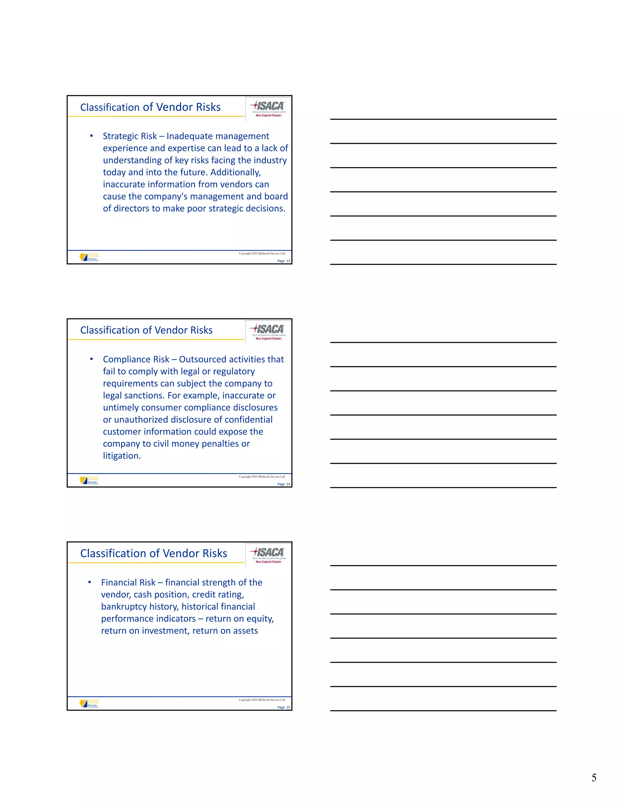 Classification of Vendor Risks

  • Strategic Risk – Inadequate management 
    experience and expertise can lead to a lack of 
    understanding of key risks facing the industry 
    today and into the future. Additionally, 
    inaccurate information from vendors can 
    cause the company's management and board 
    of directors to make poor strategic decisions.



                                      Copyright 2010 Riebeeck Stevens Ltd

                                                                   Page  13




Classification of Vendor Risks

  • Compliance Risk – Outsourced activities that 
    fail to comply with legal or regulatory 
    requirements can subject the company to 
    legal sanctions. For example, inaccurate or 
    untimely consumer compliance disclosures 
    or unauthorized disclosure of confidential 
    customer information could expose the 
    company to civil money penalties or 
    litigation.
                                      Copyright 2010 Riebeeck Stevens Ltd

                                                                   Page  14




Classification of Vendor Risks

 • Financial Risk – financial strength of the 
   vendor, cash position, credit rating, 
   bankruptcy history, historical financial 
   performance indicators – return on equity, 
   return on investment, return on assets




                                      Copyright 2010 Riebeeck Stevens Ltd

                                                                   Page  15




                                                                              5
 