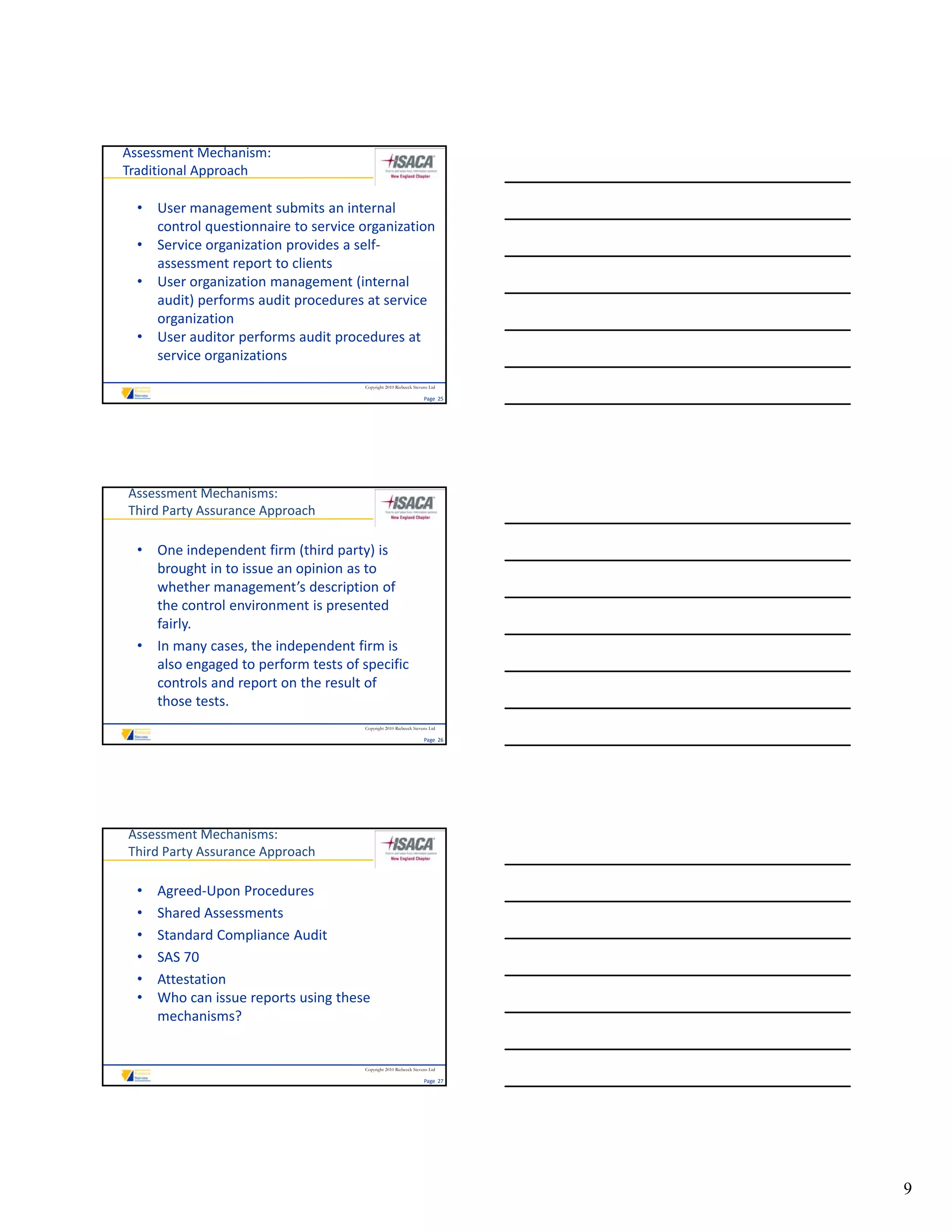 Assessment Mechanism: 
Traditional Approach

  • User management submits an internal 
    control questionnaire to service organization
  • Service organization provides a self‐
    assessment report to clients
  • User organization management (internal 
    audit) performs audit procedures at service 
    organization
  • User auditor performs audit procedures at 
    service organizations
                                      Copyright 2010 Riebeeck Stevens Ltd

                                                                   Page  25




Assessment Mechanisms:
Third Party Assurance Approach

  • One independent firm (third party) is 
    brought in to issue an opinion as to 
    whether management’s description of 
    the control environment is presented 
    fairly. 
  • In many cases, the independent firm is 
    also engaged to perform tests of specific 
    controls and report on the result of 
    those tests.
                                      Copyright 2010 Riebeeck Stevens Ltd

                                                                   Page  26




Assessment Mechanisms:
Third Party Assurance Approach

  •   Agreed‐Upon Procedures
  •   Shared Assessments
  •   Standard Compliance Audit
  •   SAS 70
      SAS 70
  •   Attestation
  •   Who can issue reports using these 
      mechanisms?


                                      Copyright 2010 Riebeeck Stevens Ltd

                                                                   Page  27




                                                                              9
 