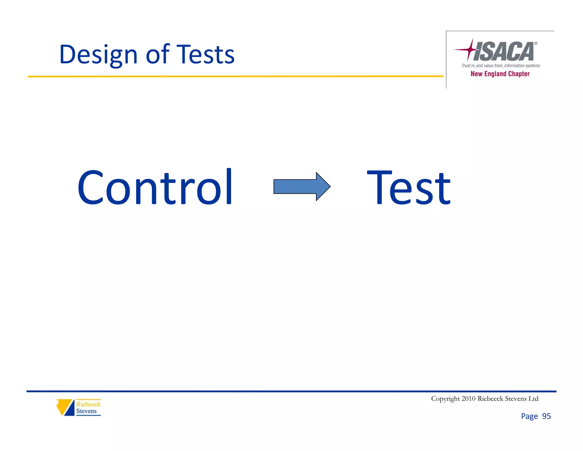 Design of Tests



 Control           Test
 Control           Test


                     Copyright 2010 Riebeeck Stevens Ltd

                                                  Page  95
 