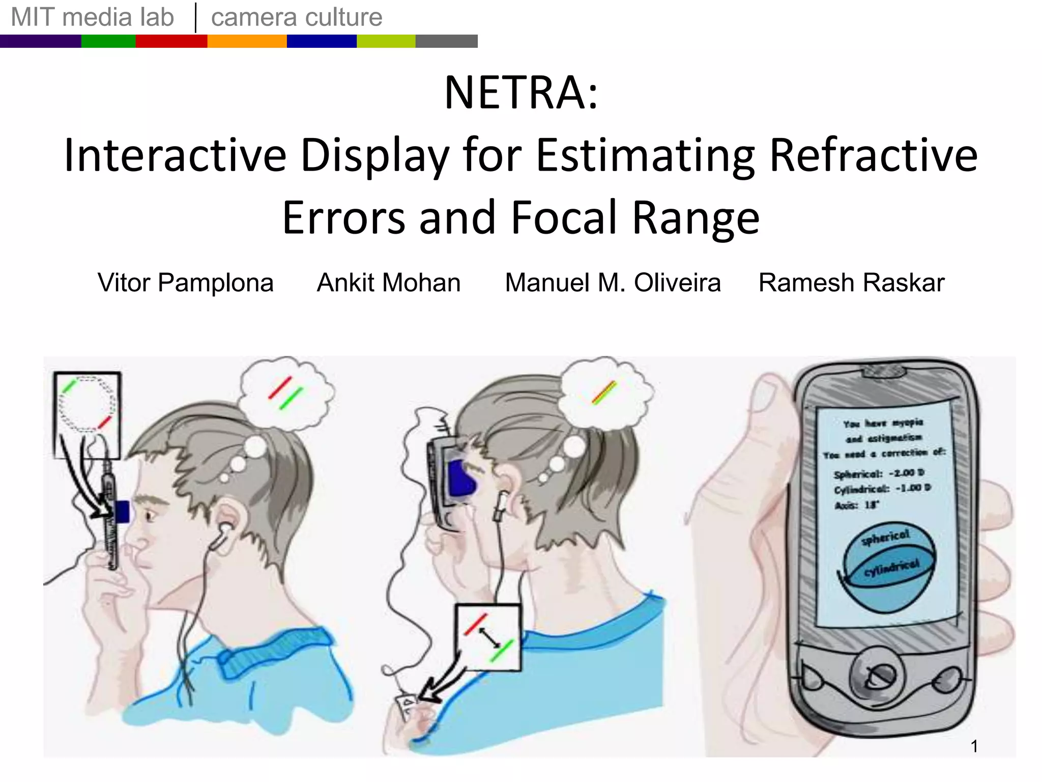 NETRA: Interactive Display for Estimating Refractive Errors and Focal RangeVitor Pamplona      Ankit Mohan      Manuel M. Oliveira     RameshRaskar1