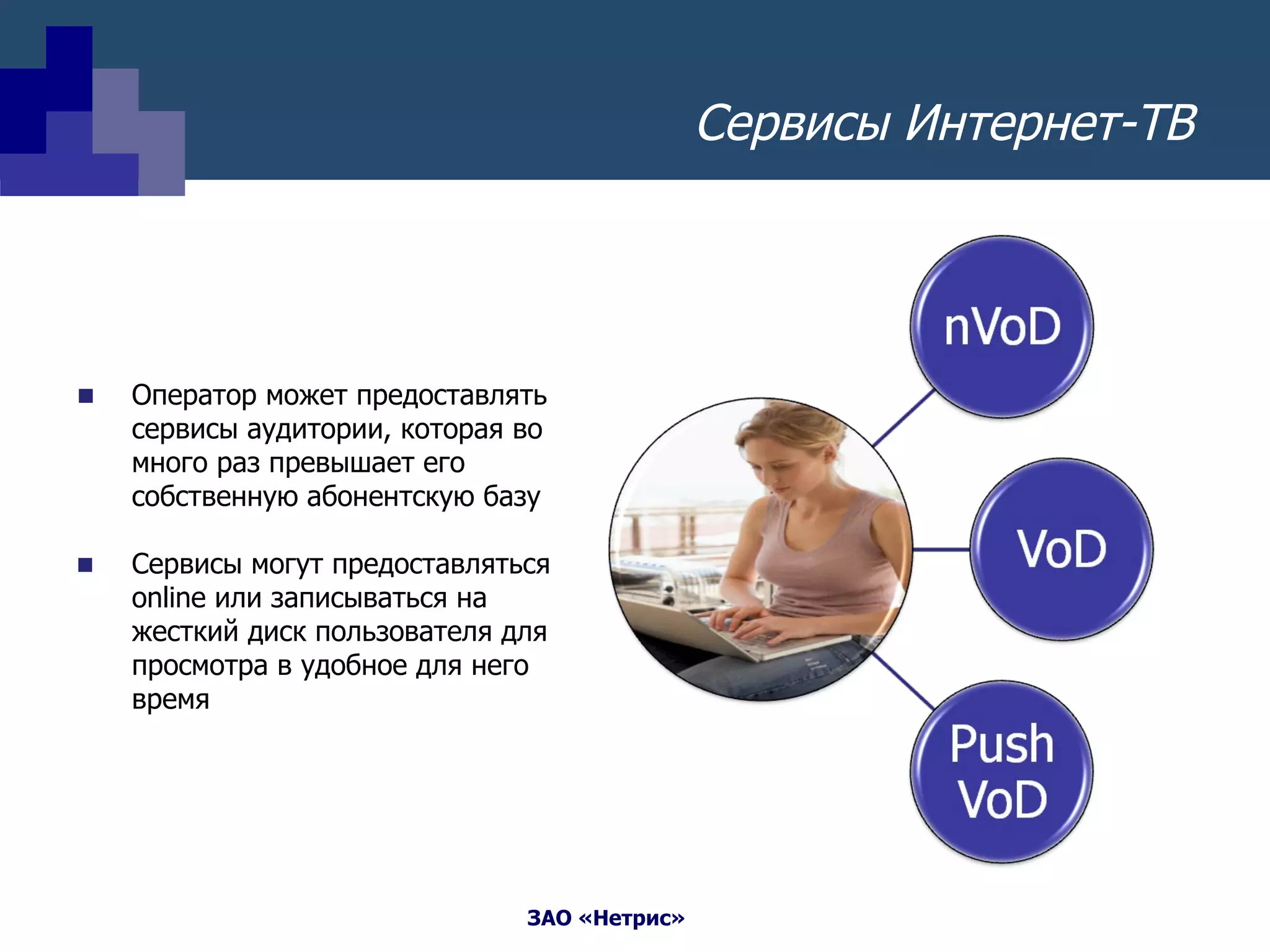 Сервисы Интернет-ТВ Оператор может предоставлять сервисы аудитории, которая во много раз превышает его собственную абонентскую базу Сервисы могут предоставляться  online  или записываться на жесткий диск пользователя для просмотра в удобное для него время 