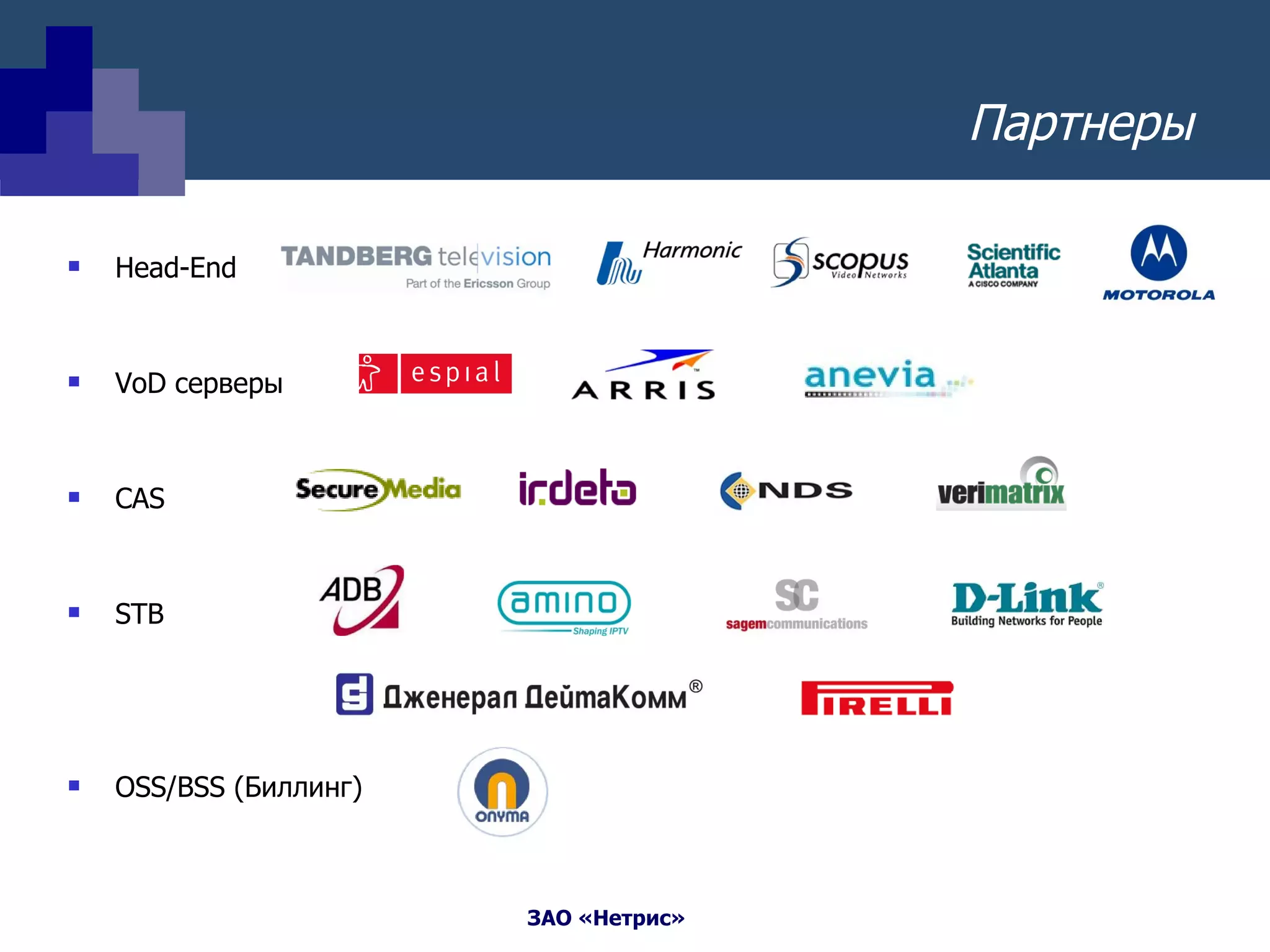 Партнеры Head-End VoD  серверы CAS STB OSS/BSS  (Биллинг)  