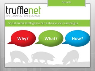 Netroots




Social media intelligence can enhance your campaigns




      Why?                 What?                  How?
 