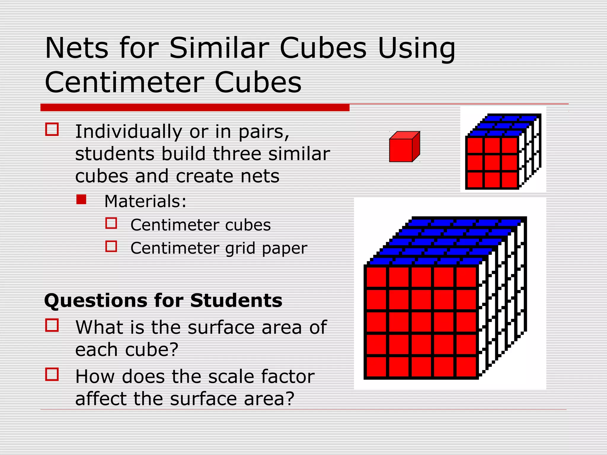 Nets for Similar Cubes Using
Centimeter Cubes
 Individually or in pairs,
students build three similar
cubes and create nets
 Materials:
 Centimeter cubes
 Centimeter grid paper
Questions for Students
 What is the surface area of
each cube?
 How does the scale factor
affect the surface area?
 