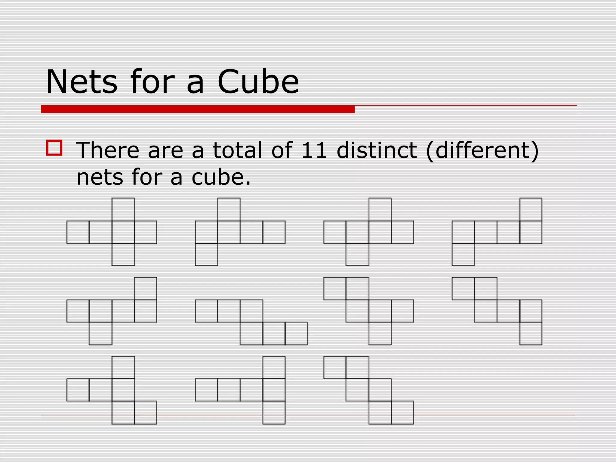 Nets for a Cube
 There are a total of 11 distinct (different)
nets for a cube.
 