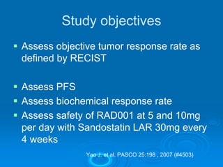 Study objectives
Assess objective tumor response rate as
defined by RECIST

Assess PFS
Assess biochemical response rate
Assess safety of RAD001 at 5 and 10mg
per day with Sandostatin LAR 30mg every
4 weeks
              Yao J. et al. PASCO 25:198 , 2007 (#4503)
 