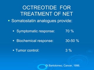OCTREOTIDE FOR
    TREATMENT OF NET
Somatostatin analogues provide:

  Symptomatic response:            70 %

  Biochemical response:            30-50 %

  Tumor control:                   3%



                   Di Bartolomeo, Cancer, 1996.
 