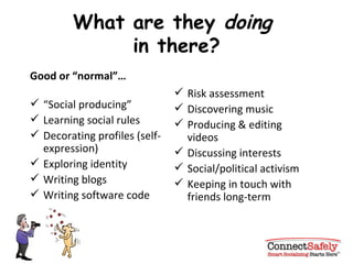 What are they  doing   in there? Good or “normal”… “ Social producing” Learning social rules Decorating profiles (self-expression) Exploring identity Writing blogs Writing software code Risk assessment Discovering music Producing & editing videos Discussing interests Social/political activism Keeping in touch with friends long-term 