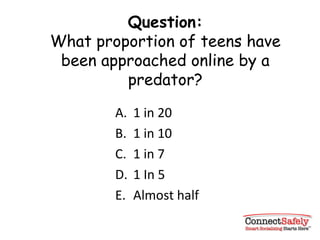 Question: What proportion of teens have been approached online by a predator? 1 in 20 1 in 10 1 in 7 1 In 5 Almost half 