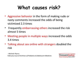 What causes risk? Aggressive behavior  in the form of making rude or nasty comments increased the odds of being victimized 2.3 times Frequently  embarrassing others  increased the risk almost 5 times Meeting people in multiple ways  increased the odds 3.4 times Talking about sex online with strangers  doubled the risk --Michele Ybarra February issue of  Archives of Pediatrics & Adolescent Medicine . 