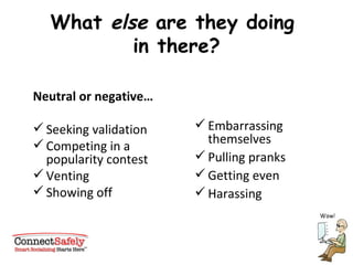 What  else  are they doing  in there? Neutral or negative… Seeking validation Competing in a popularity contest Venting  Showing off Embarrassing themselves Pulling pranks Getting even Harassing 