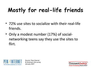 Mostly for real-life friends 72% use sites to socialize with their real-life friends.  Only a modest number (17%) of social-networking teens say they use the sites to flirt. Source: Pew Internet & American Life survey January 2007 