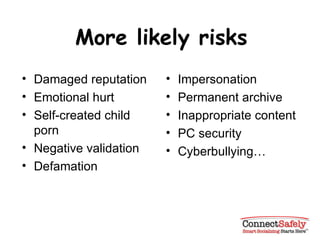 More likely risks Damaged reputation Emotional hurt Self-created child porn Negative validation Defamation Impersonation Permanent archive Inappropriate content PC security Cyberbullying… 