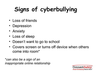 Signs of cyberbullying Loss of friends Depression Anxiety Loss of sleep Doesn’t want to go to school Covers screen or turns off device when others come into room* * can also be a sign of an inappropriate online relationship  