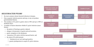 HELICOBACTER PYLORI
• the most common chronic bacterial infection in humans.
• Once acquired, infection persists and may or may not produce
gastroduodenal disease.
• The incidence of H. pylori is gastric ulcers is 90% and up to 100% in
duodenal ulcers.
• A number of factors determine whether H. pylori infection causes
disease:
– the pattern of histologic gastritis induced;
– changes in homeostasis of gastrin and acid secretion;
– gastric metaplasia in the duodenum;
– interaction of H. pylori with the mucosal barrier; and
– the strain of H. pylori present.
• Vairulent are are vacA and cagA positive.
• genetic predisposition to acquire H. pylori infection.
4/4/2024 6
 