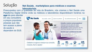 Solução Net Saúde, marketplace para médicos e exames
laboratoriais.
Preocupados com a qualidade de vida do Brasileiro, nós criamos o Net Saúde uma
Plataforma Digital Online onde os médicos e laboratórios disponibilizam horários na
suaagenda para atender
em seu consultório
a preços populares
pessoas que não
tem acesso a plano
de saúde e
dependem do SUS.
 
