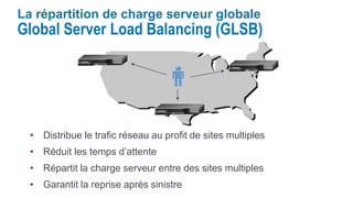La répartition de charge serveur globale
Global Server Load Balancing (GLSB)
• Distribue le trafic réseau au profit de sites multiples
• Réduit les temps d’attente
• Répartit la charge serveur entre des sites multiples
• Garantit la reprise après sinistre
 