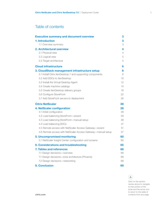 2
citrix.com
Citrix NetScaler and Citrix XenDesktop 7.0 Deployment Guide
Table of contents
Executive summary and document overview	 3
1. Introduction	 3
1.1 Overview summary	 3
2. Architectural overview	 4
2.1 Physical view 	 4
2.2 Logical view	 5
2.3 Target architecture	 5
Cloud infrastructure	 6
3. CloudStack management infrastructure setup	 6
3.1 Install Citrix XenDesktop 7 and supporting components	 6
3.2 Add DDCs to XenDesktop	 10
3.3 Install the Virtual Desktop Agent	 12
3.4 Create machine catalogs	 14
3.5 Create XenDesktop delivery groups	 18
3.6 Configure StoreFront	 22
3.7 Add StoreFront servers to deployment	 26
Citrix NetScaler	 28
4. NetScaler configuration	 28
4.1 Initial configuration	 28
4.2 Load balancing StoreFront—wizard	 29
4.3 Load balancing StoreFront—manual setup	 38
4.4 Load balancing DDCs	 47
4.5 Remote access with NetScaler Access Gateway—wizard	 51
4.6 Remote access with NetScaler Access Gateway—manual setup	 57
5. Uncompromised monitoring	 60
5.1 NetScaler Insight Center configuration and screens	 60
6. Considerations and troubleshooting	 65
7. Tables and references	 66
7.1 Design decisions—overview	 66
7.1 Design decisions—zone architecture (Phoenix)	 68
7.2 Design decisions—networking	 68
8. Conclusion	 69
p
Click on the section
names above to navigate
to that portion of the
book and the arrow icon
to return to the table of
contents from any page.
 