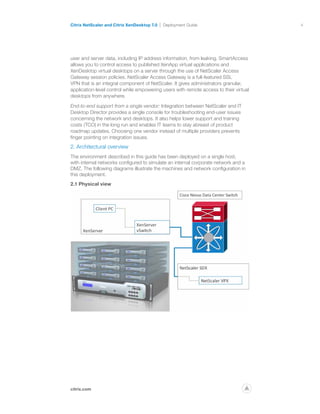 4
citrix.com
Citrix NetScaler and Citrix XenDesktop 7.0 Deployment Guide
p
user and server data, including IP address information, from leaking. SmartAccess
allows you to control access to published XenApp virtual applications and
XenDesktop virtual desktops on a server through the use of NetScaler Access
Gateway session policies. NetScaler Access Gateway is a full-featured SSL
VPN that is an integral component of NetScaler. It gives administrators granular,
application-level control while empowering users with remote access to their virtual
desktops from anywhere.
End-to-end support from a single vendor: Integration between NetScaler and IT
Desktop Director provides a single console for troubleshooting end-user issues
concerning the network and desktops. It also helps lower support and training
costs (TCO) in the long run and enables IT teams to stay abreast of product
roadmap updates. Choosing one vendor instead of multiple providers prevents
finger pointing on integration issues.
2. Architectural overview
The environment described in this guide has been deployed on a single host,
with internal networks configured to simulate an internal corporate network and a
DMZ. The following diagrams illustrate the machines and network configuration in
this deployment.
2.1 Physical view
 
