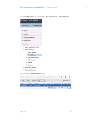 55
citrix.com
Citrix NetScaler and Citrix XenDesktop 7.0 Deployment Guide
p
Under Configuration, go to Security  Access Gateway  Virtual Servers.
Double-click the RemoteAccess entry.
 