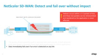 18
NetScaler	SD-WAN:	Detect	and	fail	over	without	impact
MPLS EF Queue
MPLS Default Queue
Internet
NetScaler	SD-WAN NetScaler	SD-WAN
Logical	tunnel	created	by	encapsulating	in	UDPFailover	occurs	within	a	2-3	packets	of	loss,	
and	those	lost	packets	can	be	retransmitted	
and	reordered	so	the	application	is	never	
affected.
!AND	REACT	WITH	LOSSLESS	FAILOVER
• The	quality	of	every	potential	path	is	assessed	with	every	packet,	in	each	direction
• Each	data	stream	is	directed	to	best	path	with	priority	given	to	critical	applications
• Data	immediately	fails	over	if	an	error	is	detected	on	any	link
 