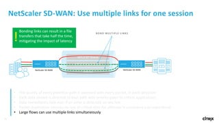 20
NetScaler	SD-WAN:	Use	multiple	links	for	one	session
MPLS EF Queue
MPLS Default Queue
Internet
NetScaler	SD-WAN NetScaler	SD-WAN
Logical	tunnel	created	by	encapsulating	in	UDPBonding	links	can	result	in	a	file	
transfers	that	take	half	the	time,	
mitigating	the	impact	of	latency!
• The	quality	of	every	potential	path	is	assessed	with	every	packet,	in	each	direction
• Each	data	stream	is	directed	to	best	path	with	priority	given	to	critical	applications
• Data	immediately	fails	over	if	an	error	is	detected	on	any	link
• Packet	duplication	ensures	no	loss	of	critical	data	for	ultimate	in	consistent	user	experience
• Large	flows	can	use	multiple	links	simultaneously
BOND	MULTIPLE	LINKS
 