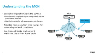 8
• Central	configuration	point	the	SDWAN
– Has	the	utility	for	generating	the	configuration	files	for	
participating	branches.
– Distribution	point	for	software	updates	and	changes.
• Provides	High	resolution	time	stamps	for	
measuring	network	conditions.
• In	a	Hub	and	Spoke	environment	
maintains	the	Master	Route	table
Understanding	the	MCN
MCN
Branch
Branch
Branch
Branch
Branch
Static	Paths
 