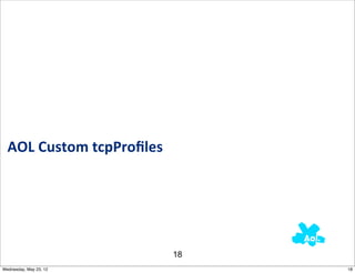 AOL	
  Custom	
  tcpProﬁles




                                18
Wednesday, May 23, 12                18
 