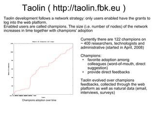 Taolin ( http://taolin.fbk.eu ) 
Taolin development follows a network strategy: only users enabled have the grants to 
log into the web platform.
Enabled users are called champions. The size (i.e. number of nodes) of the network 
increases in time together with champions' adoption
 
                                            Currently there are 122 champions on 
                                            ~ 400 researchers, technologists and 
                                            administrative (started in April, 2008) 
                                             
                                            Champions:
                                              • favorite adoption among 
                                                 colleagues (word-of-mouth, direct 
                                                 suggestion)
                                              • provide direct feedbacks
                                             
                                            Taolin evolved over champions 
                                            feedbacks, collected through the web 
                                            platform as well as natural data (email, 
                                            interviews, surveys)
          Champions adoption over time 
 
