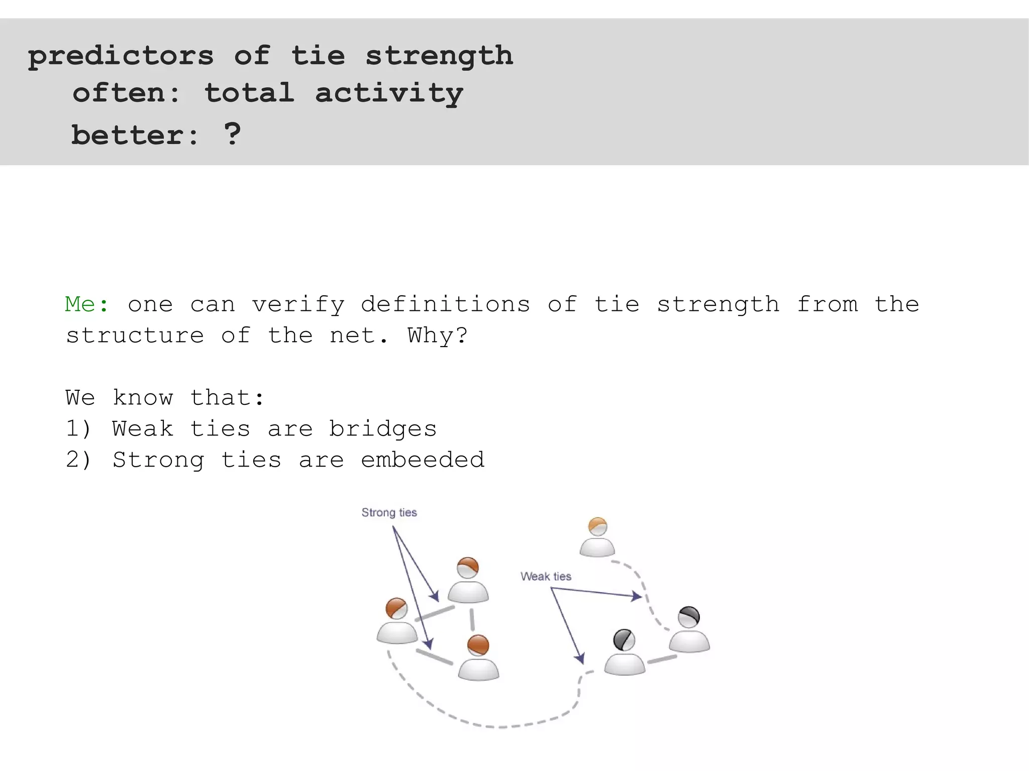 predictors of tie strength often: total activity better:  ? Me:  one can verify definitions of tie strength from the structure of the net. Why?  We know that: 1) Weak ties are bridges 2) Strong ties are embeeded 