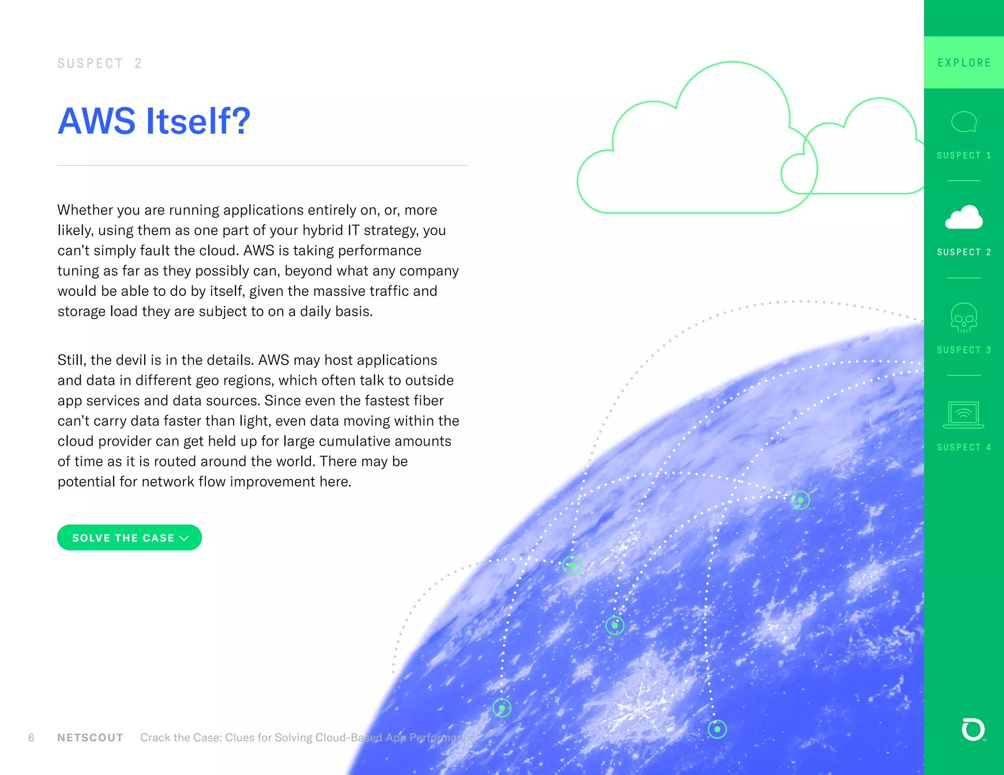 AWS Itself?
SUSPECT 2
Whether you are running applications entirely on, or, more
likely, using them as one part of your hybrid IT strategy, you
can’t simply fault the cloud. AWS is taking performance
tuning as far as they possibly can, beyond what any company
would be able to do by itself, given the massive traffic and
storage load they are subject to on a daily basis.
Still, the devil is in the details. AWS may host applications
and data in different geo regions, which often talk to outside
app services and data sources. Since even the fastest fiber
can’t carry data faster than light, even data moving within the
cloud provider can get held up for large cumulative amounts
of time as it is routed around the world. There may be
potential for network flow improvement here.
6
SOLVE THE CASE
NETSCOUT Crack the Case: Clues for Solving Cloud-Based App Performance
SUSPECT 3
SUSPECT 1
SUSPECT 4
SUSPECT 2
EXPLORE
 