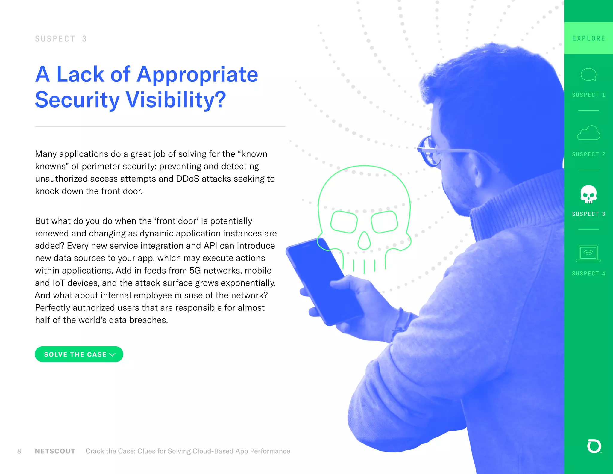 A Lack of Appropriate
Security Visibility?
SUSPECT 3
Many applications do a great job of solving for the “known
knowns” of perimeter security: preventing and detecting
unauthorized access attempts and DDoS attacks seeking to
knock down the front door.
But what do you do when the ‘front door’ is potentially
renewed and changing as dynamic application instances are
added? Every new service integration and API can introduce
new data sources to your app, which may execute actions
within applications. Add in feeds from 5G networks, mobile
and IoT devices, and the attack surface grows exponentially.
And what about internal employee misuse of the network?
Perfectly authorized users that are responsible for almost
half of the world’s data breaches.
NETSCOUT Crack the Case: Clues for Solving Cloud-Based App Performance8
SOLVE THE CASE
SUSPECT 1
SUSPECT 4
SUSPECT 2
EXPLORE
SUSPECT 3
 