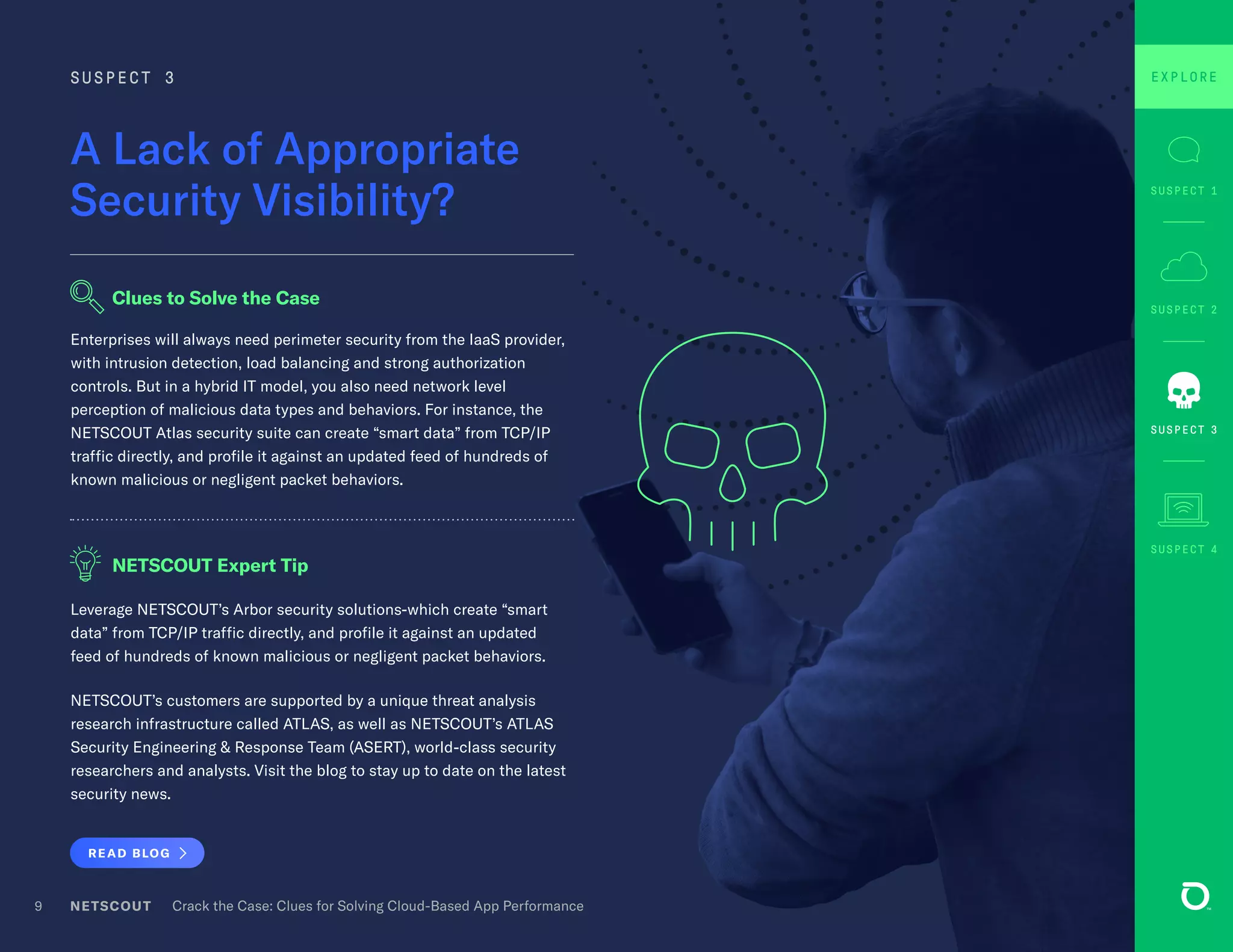 Leverage NETSCOUT’s Arbor security solutions-which create “smart
data” from TCP/IP traffic directly, and profile it against an updated
feed of hundreds of known malicious or negligent packet behaviors.
NETSCOUT’s customers are supported by a unique threat analysis
research infrastructure called ATLAS, as well as NETSCOUT’s ATLAS
Security Engineering & Response Team (ASERT), world-class security
researchers and analysts. Visit the blog to stay up to date on the latest
security news.
READ BLOG
Enterprises will always need perimeter security from the IaaS provider,
with intrusion detection, load balancing and strong authorization
controls. But in a hybrid IT model, you also need network level
perception of malicious data types and behaviors. For instance, the
NETSCOUT Atlas security suite can create “smart data” from TCP/IP
traffic directly, and profile it against an updated feed of hundreds of
known malicious or negligent packet behaviors.
NETSCOUT Crack the Case: Clues for Solving Cloud-Based App Performance9
A Lack of Appropriate
Security Visibility?
SUSPECT 3
Clues to Solve the Case
NETSCOUT Expert Tip
SUSPECT 1
SUSPECT 4
SUSPECT 2
EXPLORE
SUSPECT 3
 