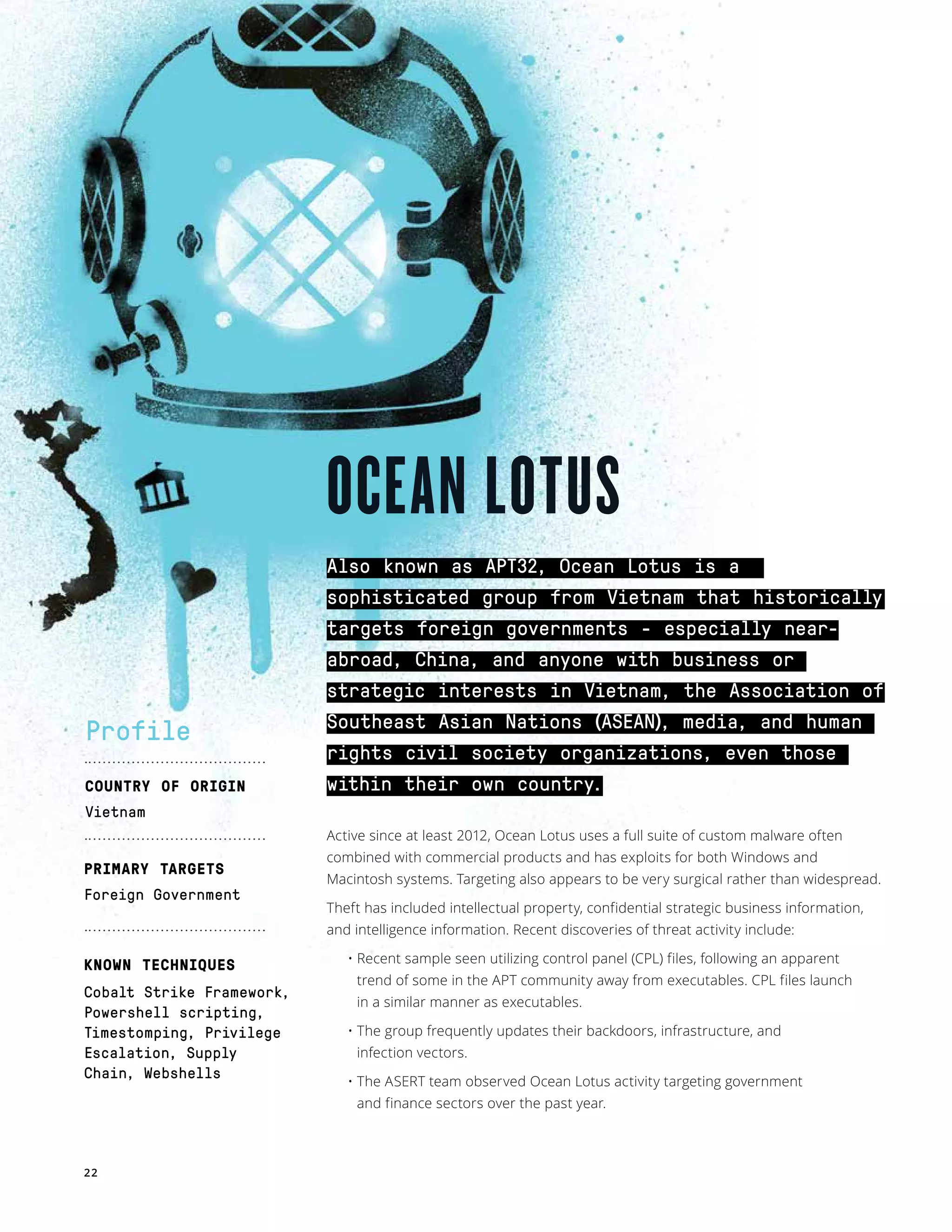 22
OCEAN LOTUS
Also known as APT32, Ocean Lotus is a
sophisticated group from Vietnam that historically
targets foreign governments — especially near-
abroad, China, and anyone with business or
strategic interests in Vietnam; the Association of
Southeast Asian Nations (ASEAN); media; and human
rights civil society organizations, even those
within their own country.
Active since at least 2012, Ocean Lotus uses a full suite of custom malware often
combined with commercial products and has exploits for both Windows and
Macintosh systems. Targeting also appears to be very surgical rather than widespread.
Theft has included intellectual property, confidential strategic business information,
and intelligence information. Recent discoveries of threat activity include: 
• Recent sample seen utilizing control panel (CPL) files, following an apparent
trend of some in the APT community away from executables. CPL files launch
in a similar manner as executables.
• The group frequently updates their backdoors, infrastructure, and
infection vectors.
• The ASERT team observed Ocean Lotus activity targeting government
and finance sectors over the past year.
Profile
COUNTRY OF ORIGIN
Vietnam
PRIMARY TARGETS
Foreign Government
KNOWN TECHNIQUES
Cobalt Strike Framework,
Powershell scripting,
Timestomping, Privilege
Escalation, Supply
Chain, Webshells
 