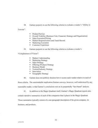 38. Gartner purports to use the following criteria to evaluate a vendor's "Ability to
Execute":
s Product/Service
s Overall Viability (Business Unit, Financial, Strategy and Organization)
s Sales Execution/Pricing
s Market Responsiveness and Track Record
s Marketing Execution
s Customer Experience
39. Gartner purports to use the following criteria to evaluate a vendor's
"Completeness of Vision":
s Market Understanding
s Marketing Strategy
s Sales Strategy
s Offering (Product) Strategy
s Business Model
s Vertical/Industry Strategy
s Innovation
s Geographic Strategy
40. Gartner does not publicly disclose how it scores each vendor relative to each of
those criteria. The unmistakable implication Gartner conveys, however, well understood by any
reasonable reader, is that Gartner's conclusions rest on its purportedly "fact-based" analysis.
41. In addition to the Magic Quadrant itself, Gartner's Magic Quadrant reports also
contain narrative summaries of each of the companies that it places in the Magic Quadrant.
Those summaries typically consist of a one-paragraph description of the given company, its
business, and products.
12
A 76213392
 