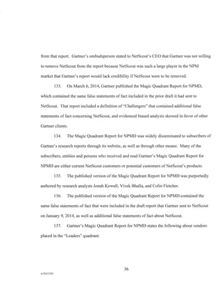 from that report. Gartner's ombudsperson stated to NetScout's CEO that Gartner was not willing
to remove NetScout from the report because NetScout was such a large player in the NPM
market that Gartner's report would lack credibility if NetScout were to be removed.
133. On March 6, 2014, Gartner published the Magic Quadrant Report for NPMD,
which contained the same false statements of fact included in the prior draft it had sent to
NetScout. That report included a definition of "Challengers" that contained additional false
statements of fact concerning NetScout, and evidenced biased analysis skewed in favor of other
Gartner clients.
134. The Magic Quadrant Report for NPMD was widely disseminated to subscribers of
Gartner's research reports through its website, as well as through other means. Many of the
subscribers, entities and persons who received and read Gartner's Magic Quadrant Report for
NPMD are either current NetScout customers or potential customers of NetScout's products.
135. The published version of the Magic Quadrant Report for NPMD was purportedly
authored by research analysts Jonah Kowall, Vivek Bhalla, and Colin Fletcher.
136. The published version of the Magic Quadrant Report for NPMD contained the
same false statements of fact that were included in the draft report that Gartner sent to NetScout
on January 9, 2014, as well as additional false statements of fact about NetScout.
137. Gartner's Magic Quadrant Report for NPMD states the following about vendors
placed in the "Leaders" quadrant:
36
A/76213392
 