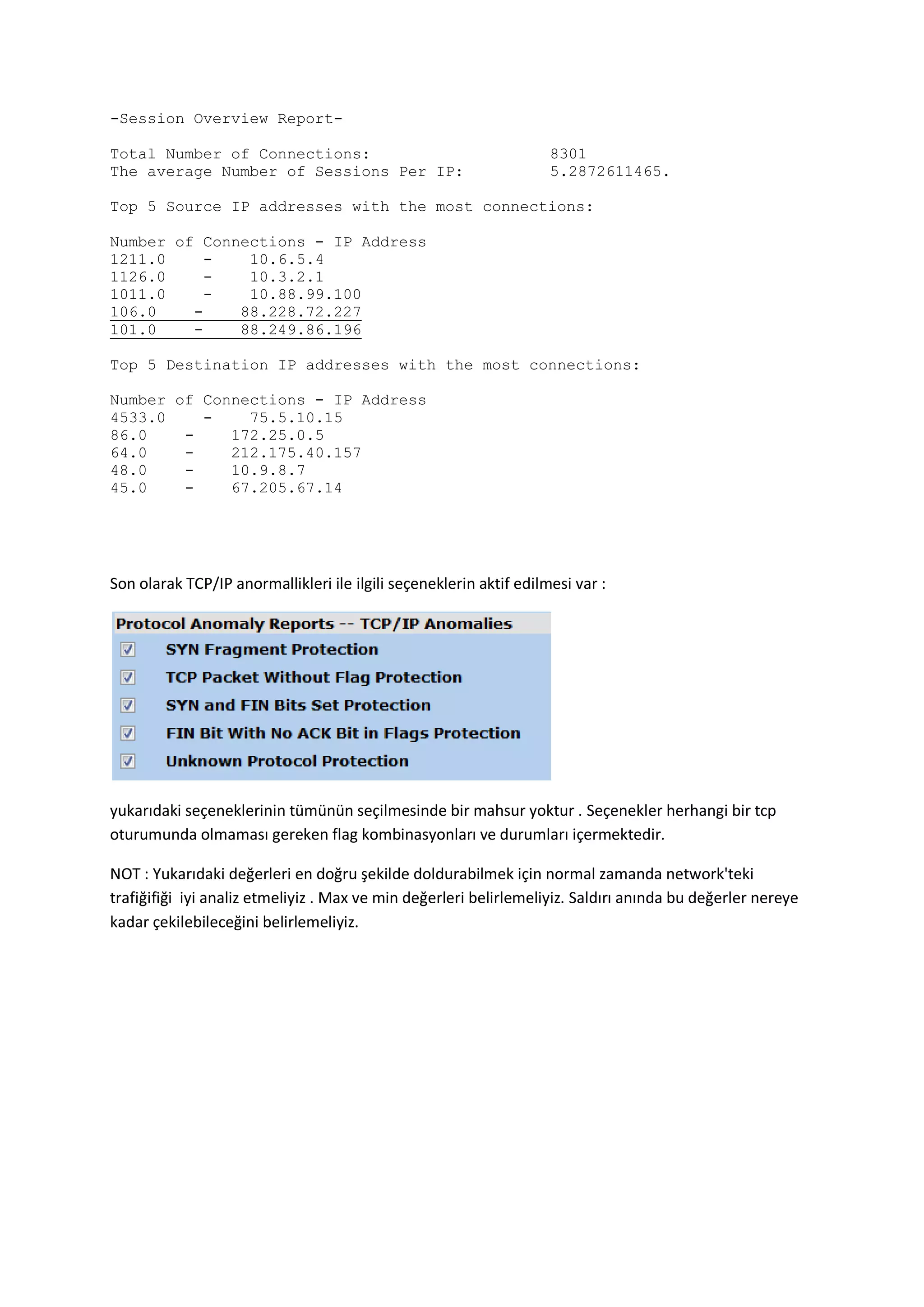 -Session Overview ReportTotal Number of Connections:
The average Number of Sessions Per IP:

8301
5.2872611465.

Top 5 Source IP addresses with the most connections:
Number of Connections - IP Address
1211.0
10.6.5.4
1126.0
10.3.2.1
1011.0
10.88.99.100
106.0
88.228.72.227
101.0
88.249.86.196
Top 5 Destination IP addresses with the most connections:
Number of Connections - IP Address
4533.0
75.5.10.15
86.0
172.25.0.5
64.0
212.175.40.157
48.0
10.9.8.7
45.0
67.205.67.14

Son olarak TCP/IP anormallikleri ile ilgili seçeneklerin aktif edilmesi var :

yukarıdaki seçeneklerinin tümünün seçilmesinde bir mahsur yoktur . Seçenekler herhangi bir tcp
oturumunda olmaması gereken flag kombinasyonları ve durumları içermektedir.
NOT : Yukarıdaki değerleri en doğru şekilde doldurabilmek için normal zamanda network'teki
trafiğifiği iyi analiz etmeliyiz . Max ve min değerleri belirlemeliyiz. Saldırı anında bu değerler nereye
kadar çekilebileceğini belirlemeliyiz.

 