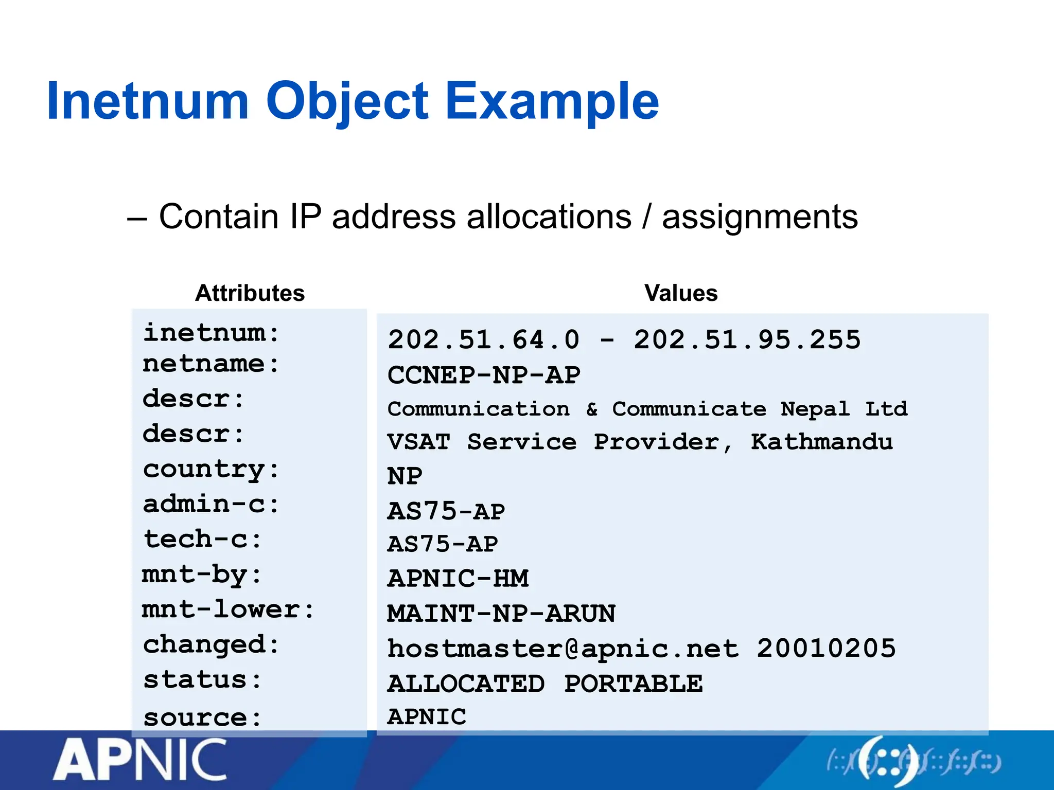Inetnum Object Example
– Contain IP address allocations / assignments
inetnum:
netname:
descr:
descr:
country:
admin-c:
tech-c:
mnt-by:
mnt-lower:
changed:
status:
source:
202.51.64.0 - 202.51.95.255
CCNEP-NP-AP
Communication & Communicate Nepal Ltd
VSAT Service Provider, Kathmandu
NP
AS75-AP
AS75-AP
APNIC-HM
MAINT-NP-ARUN
hostmaster@apnic.net 20010205
ALLOCATED PORTABLE
APNIC
Attributes Values
 