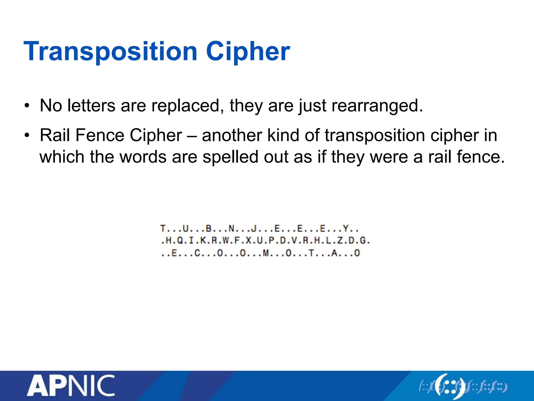 Transposition Cipher
• No letters are replaced, they are just rearranged.
• Rail Fence Cipher – another kind of transposition cipher in
which the words are spelled out as if they were a rail fence.
 