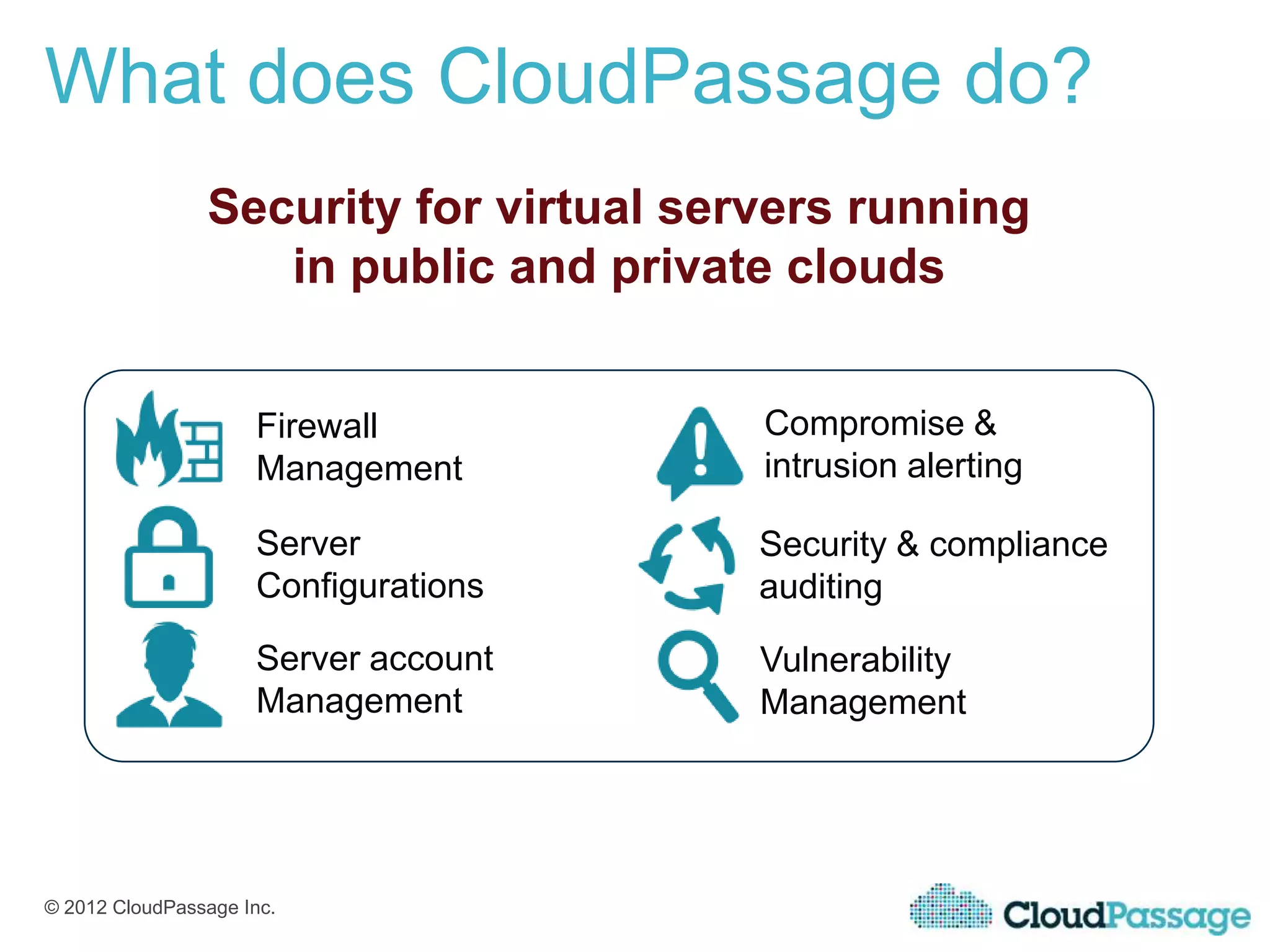 What does CloudPassage do?
                Security for virtual servers running
                   in public and private clouds


                     Firewall           Compromise &
                     Management         intrusion alerting

                     Server             Security & compliance
                     Configurations     auditing

                     Server account     Vulnerability
                     Management         Management




© 2012 CloudPassage Inc.
 