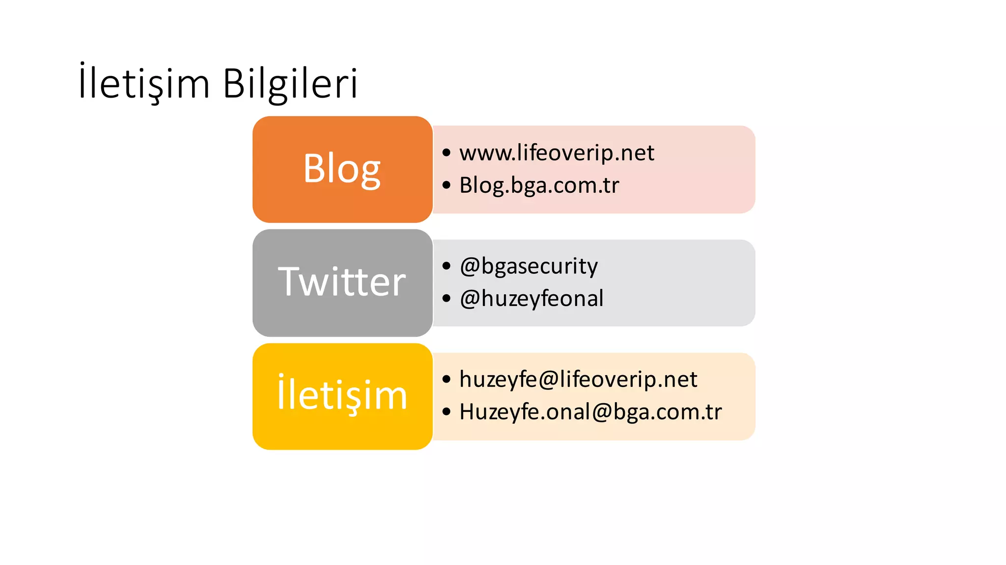 İletişim	Bilgileri
• www.lifeoverip.net
• Blog.bga.com.trBlog
• @bgasecurity
• @huzeyfeonalTwitter
• huzeyfe@lifeoverip.net
• Huzeyfe.onal@bga.com.trİletişim
 