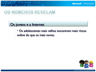 Os jovens e a Internet
    • Os adolescentes mais velhos encontram mais riscos
    online do que os mais novos.
 