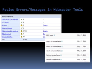 Review Errors/Messages in Webmaster Tools
 