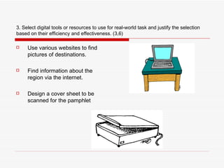 3. Select digital tools or resources to use for real-world task and justify the selection based on their efficiency and effectiveness. (3,6) Use various websites to find pictures of destinations. Find information about the region via the internet. Design a cover sheet to be scanned for the pamphlet  