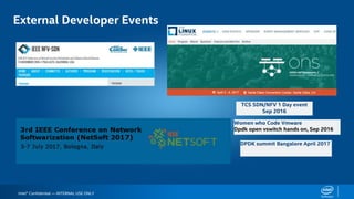 Intel® Confidential — INTERNAL USE ONLY
External Developer Events
Meet Ups
TCS SDN/NFV 1 Day event
Sep 2016
Women who Code Vmware
Dpdk open vswitch hands on, Sep 2016
DPDK summit Bangalore April 2017
 